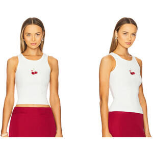 Muma World X Revolve Cherry embroidery Ribbed Tank  white size L NWT $145msrp